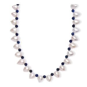Freshwater Pearl & Lapis Lazuli Necklace Rhodium Over Sterling Silver 18"